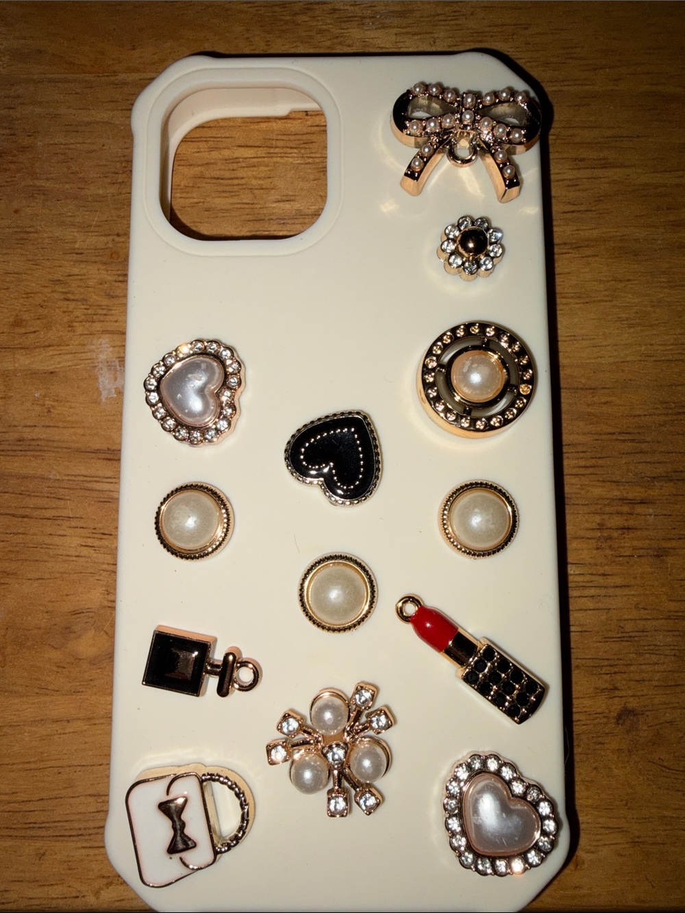 T.J.Maxx Cream Phone Case with Pearl, Bow & Lipstick Charms